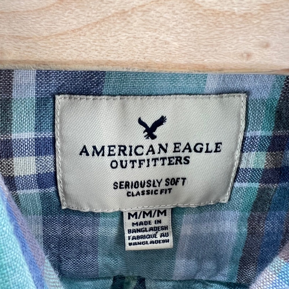 American Eagle Seriously Soft Plaid Shirt Size M Linen Cotton Teal Blue Casual - Picture 8 of 9